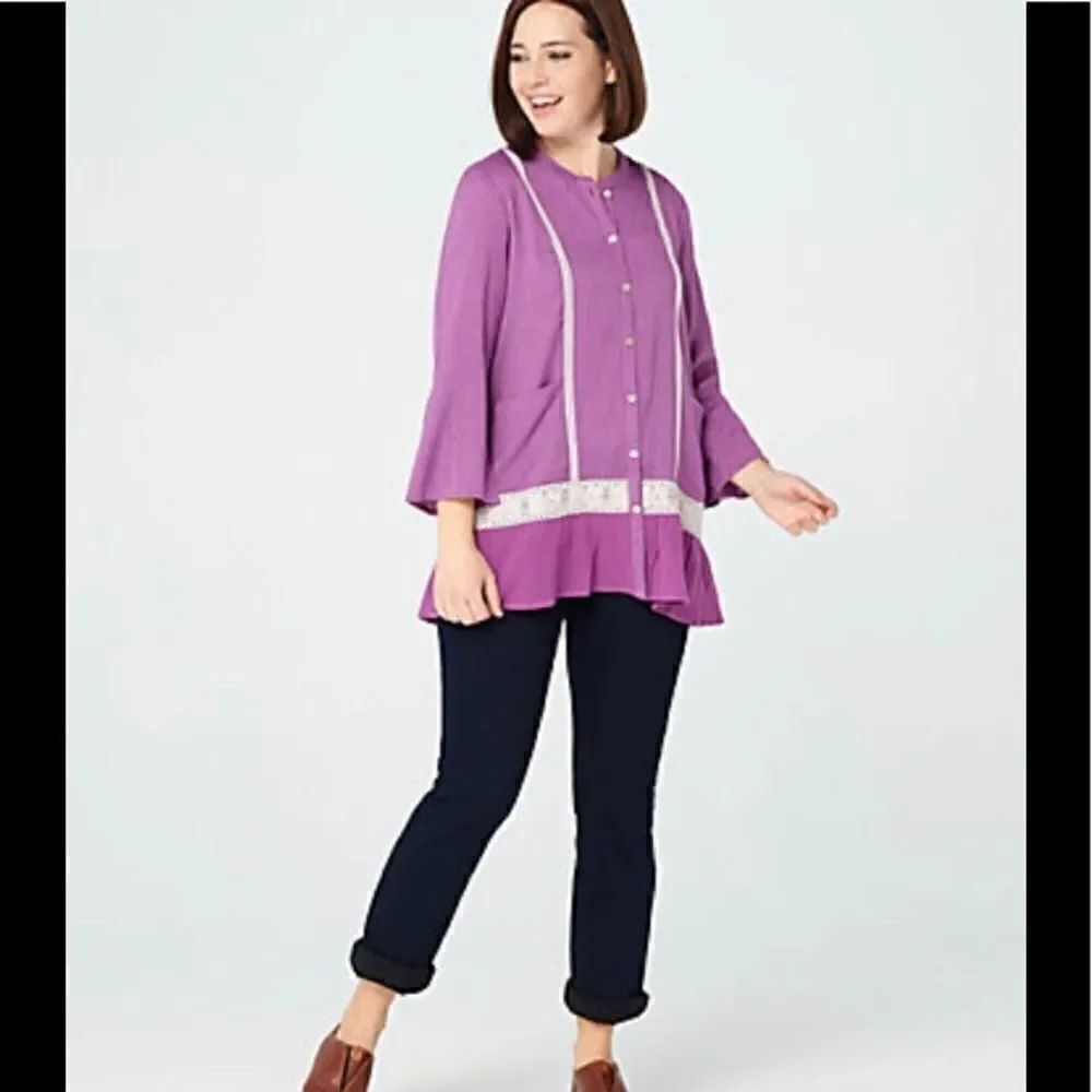 LOGO by Lori Goldstein Striped Gauze
Blouse with Crochet Lace- Small